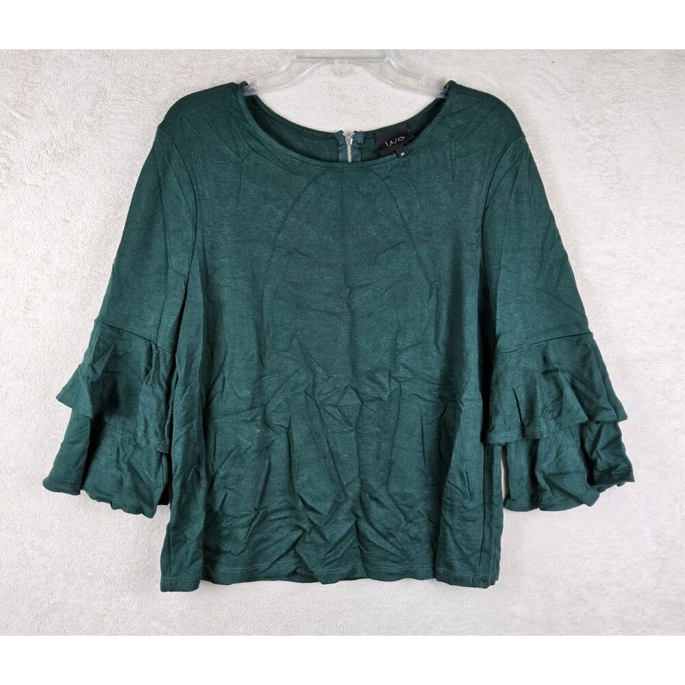 W5 Anthropologie Women's 3/4 Ruffle Sleeve Back Zip Top Green M
